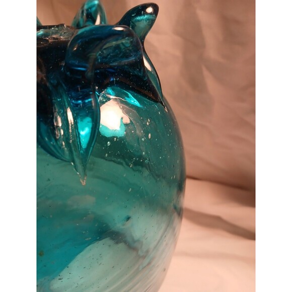 Teal Blue Hand Blown Art Glass Vase, Vintage, Swirled, Footed, Mexico, 8.5x5" - Picture 3 of 5